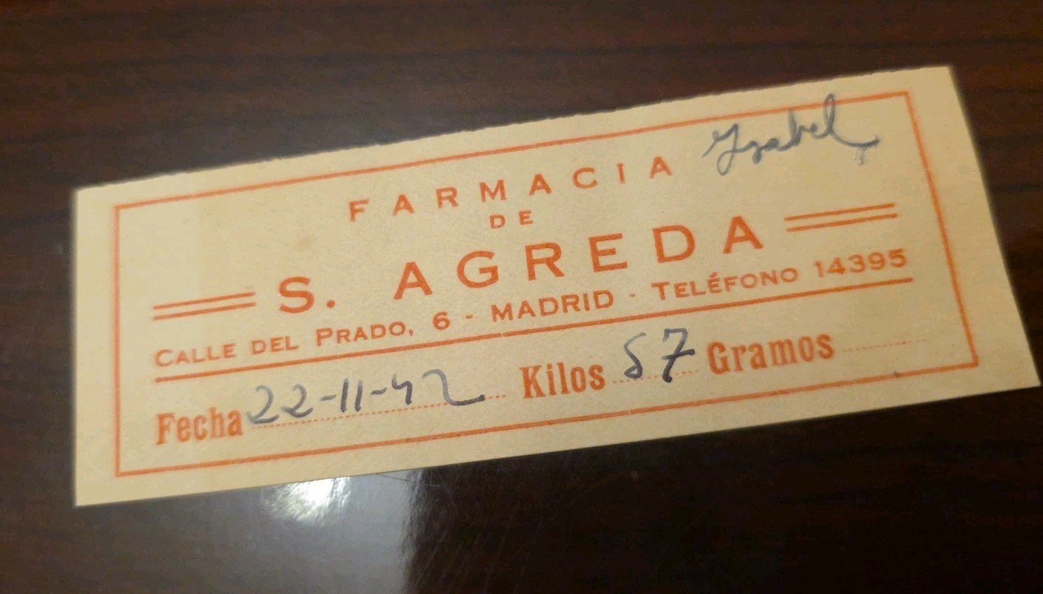 Antique Spanish Pharmacy Label – Farmacia S. Ágreda, Madrid – Dated 1942