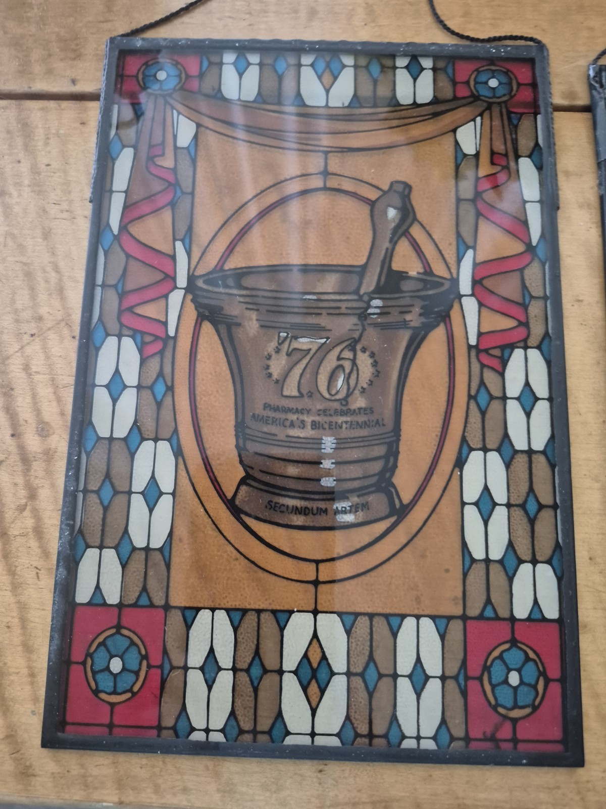 4 Stain Glass Panels Schering Pharmacy Rx Ad Premium USA Bicentennial 1976 VTG