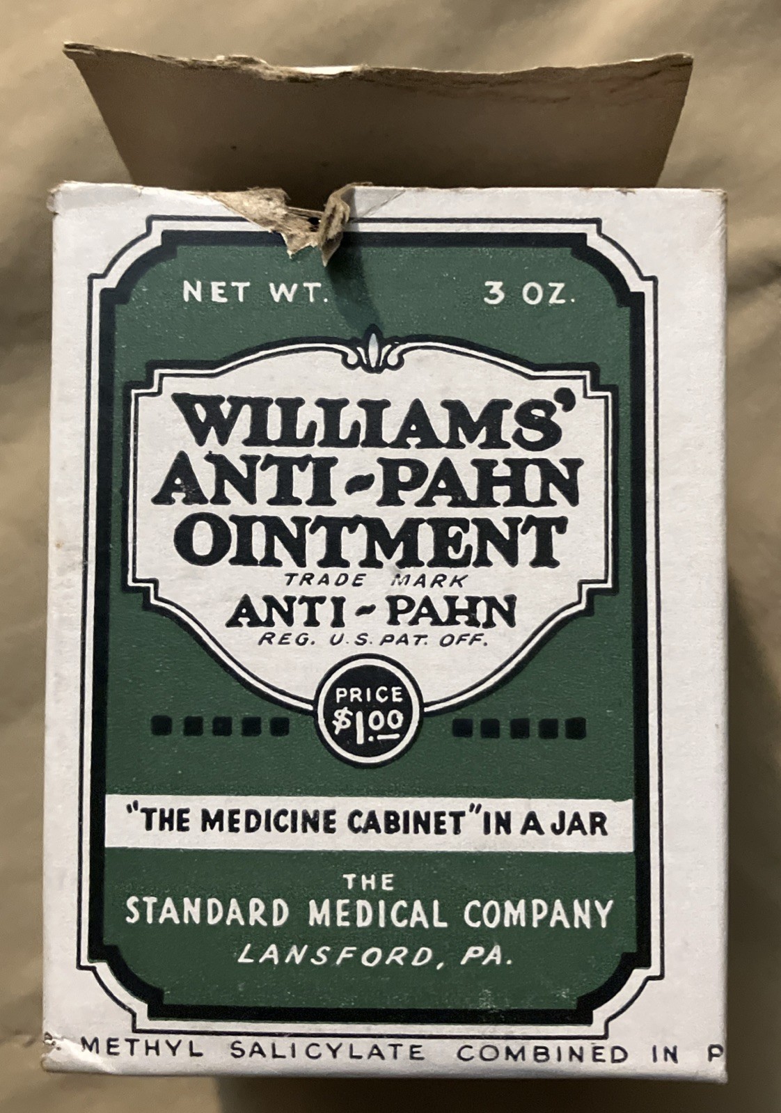 Vintage Williams’ Anti-Pahn Ointment In Original Box With Paper Insert Full Jar