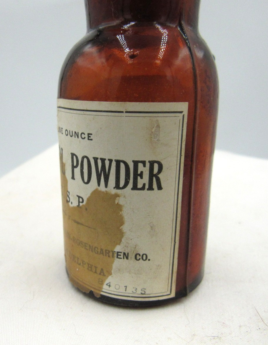 BW – 1890’s Powers Weightman Thymol Powder Philada PA 3 ” Amber Medicine bottle
