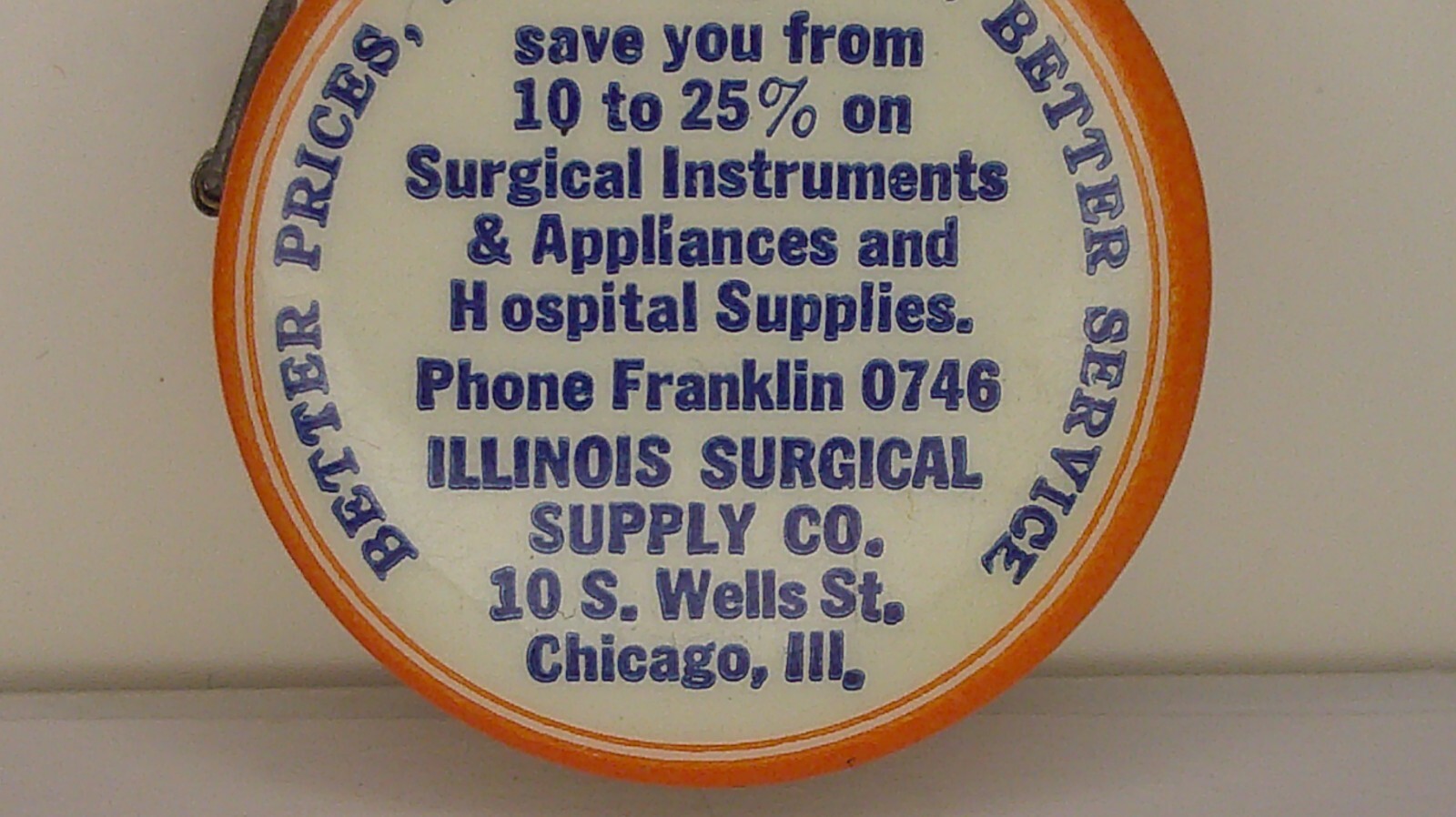 advertising Illinois surgical supply celluloid tape measure picture instruments