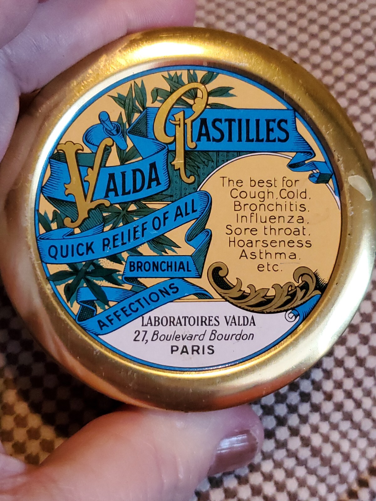 Vntg Tin Litho Valda Pastilles Medicine Cough Drops Menthol Paris France (Empty)