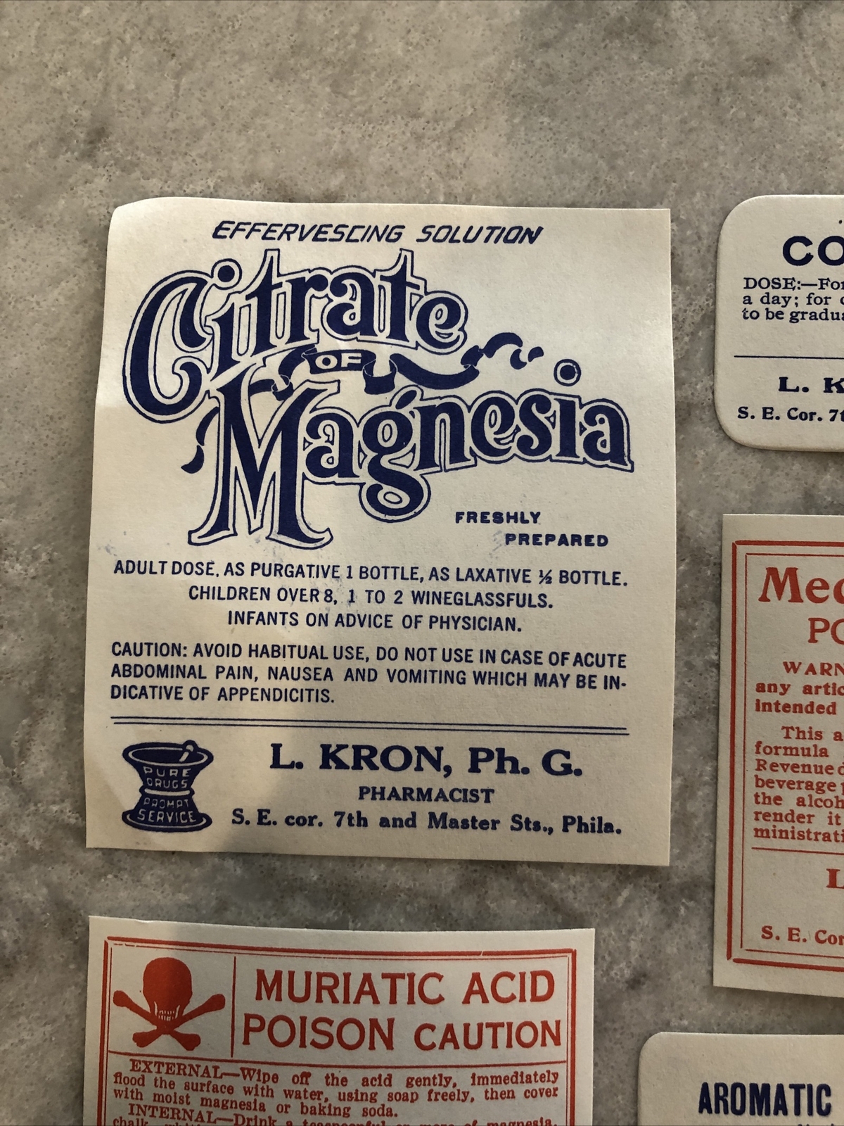 Lot 24 Antique Medicine Bottle Labels Opium, Poison – L. Kron Ph. G. Phila.