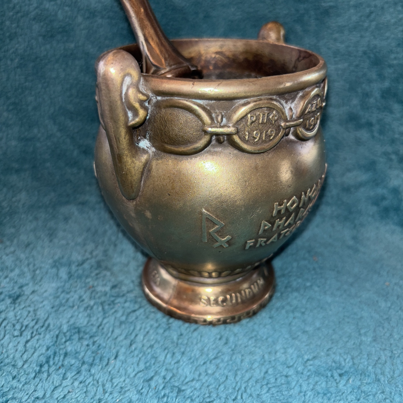 Vtg Heavy Brass Schering 5” Mortar & Pestle Coricidin Pharmacy Fraternities #OO