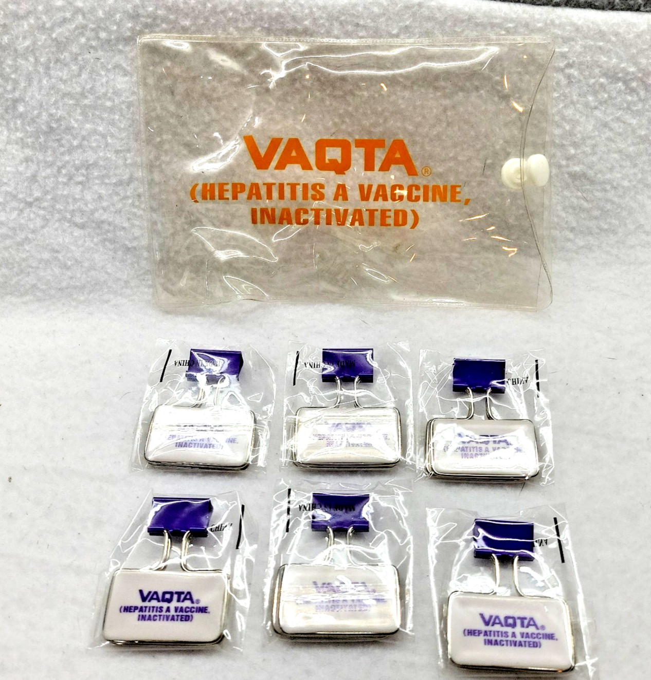 Vintage VAQTA Metal Paper Binder Clips Bag w/ 6 Clips Pharmaceutical Promo NOS