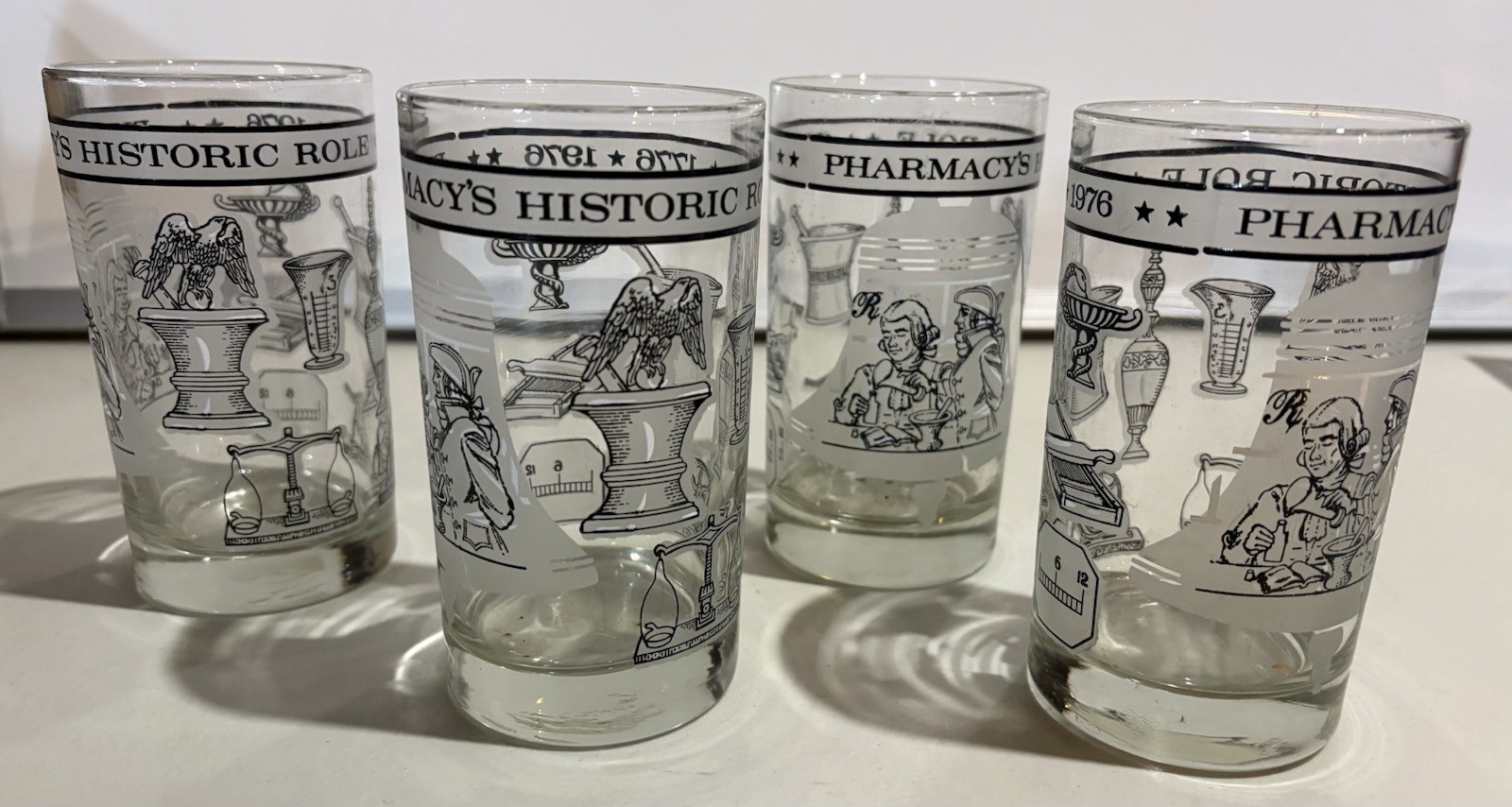 Lot of 4 -Pharmacy’s Historic Role Tumbler Glass 1776-1976 Bicentennial 5″ Tall
