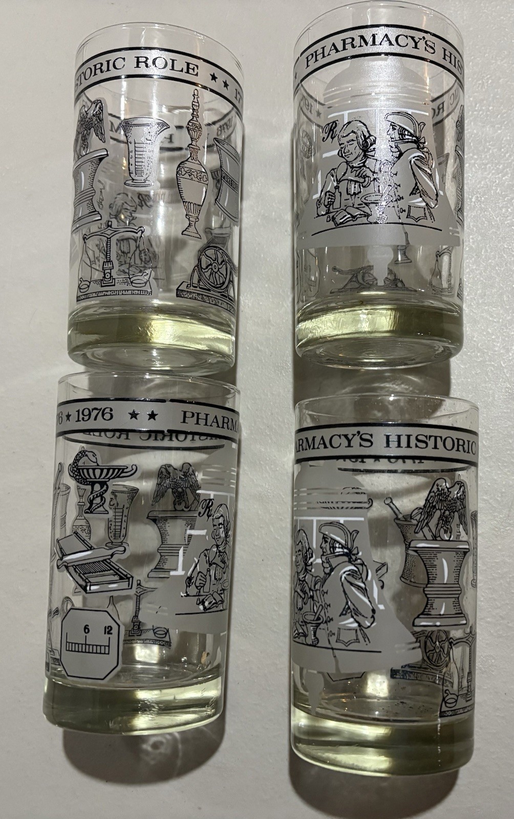 Lot of 4 -Pharmacy’s Historic Role Tumbler Glass 1776-1976 Bicentennial 5″ Tall
