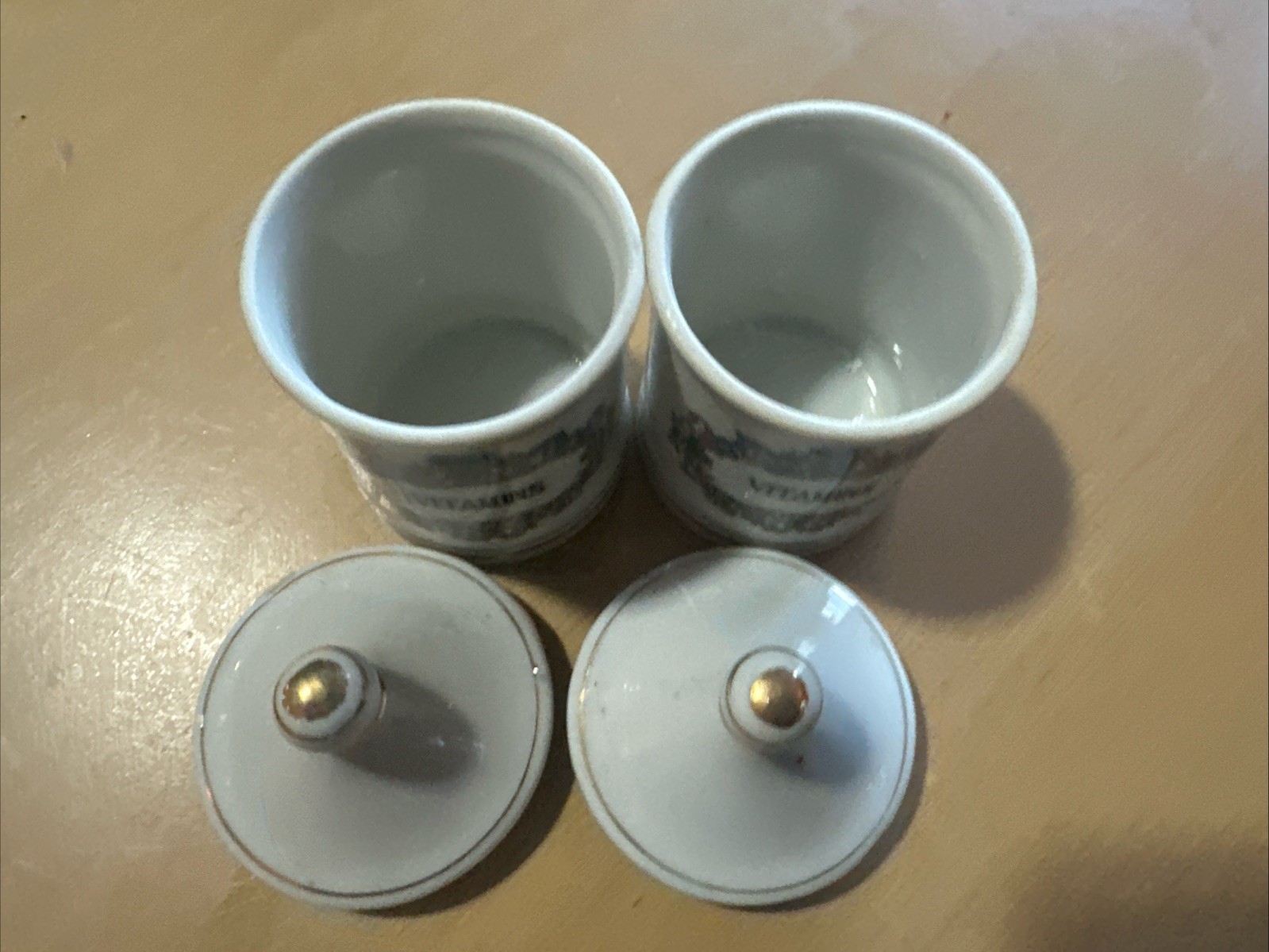 2 Vintage Porcelain APOTHECARY JARS with Lids “VITAMIN” 3.75″ x 2.25″