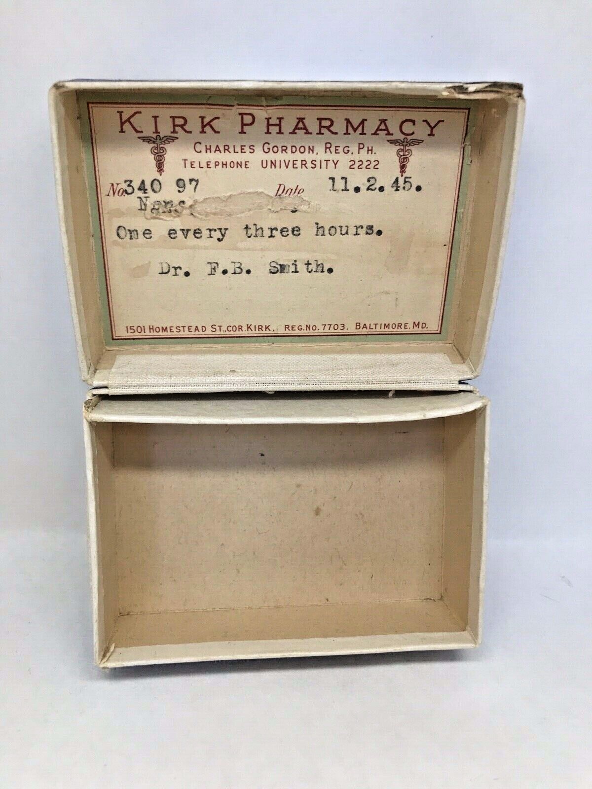 Vintage Kirk Pharmacy Prescription Pill Box, 1940s Baltimore, Maryland