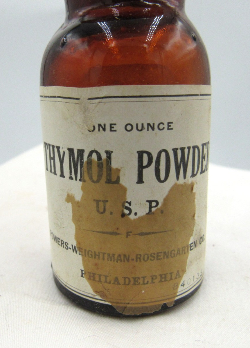 BW – 1890’s Powers Weightman Thymol Powder Philada PA 3 ” Amber Medicine bottle