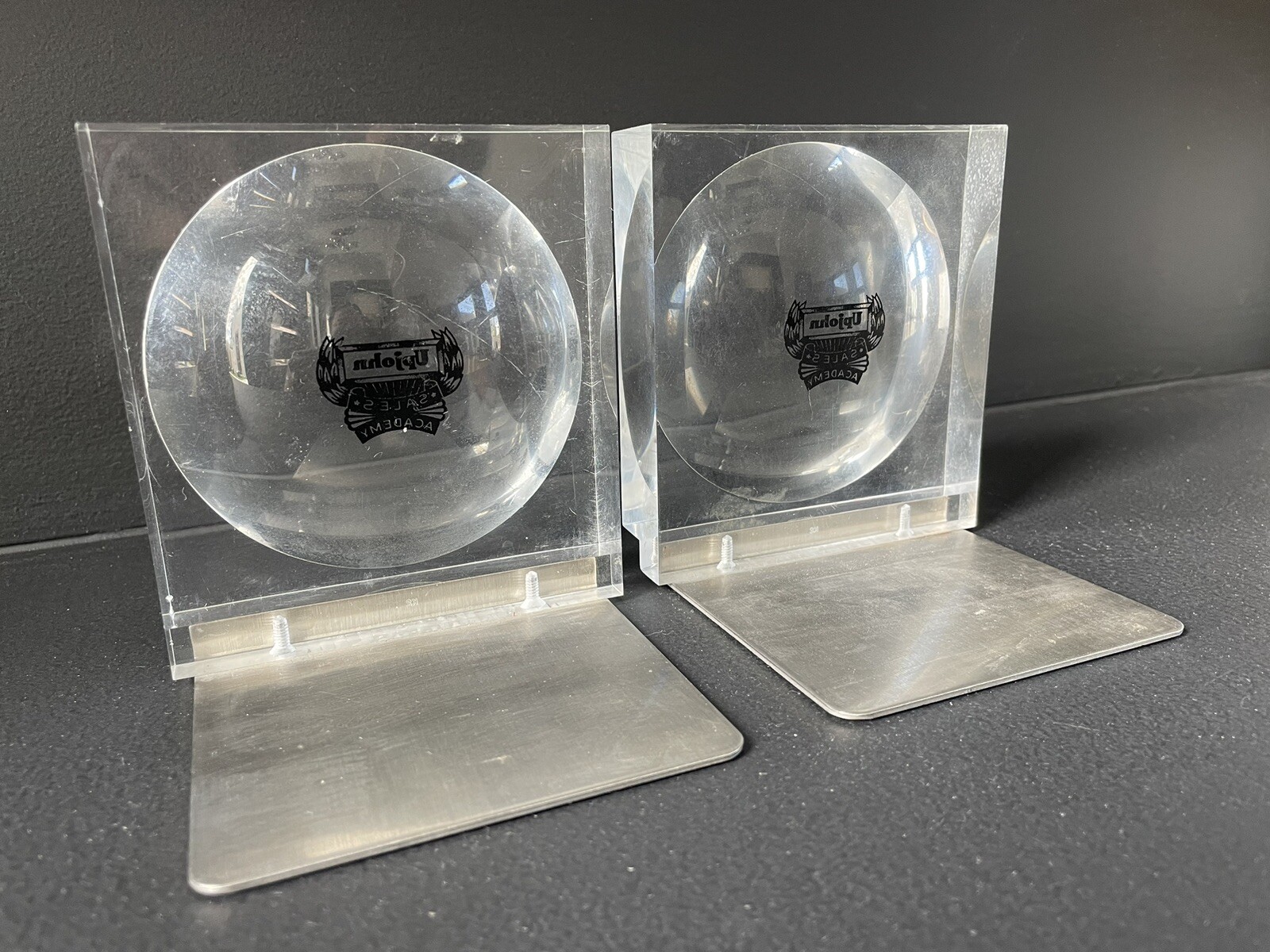 Vintage Upjohn Pharmaceutical Company Lucite Block Bookends Advertising Branding