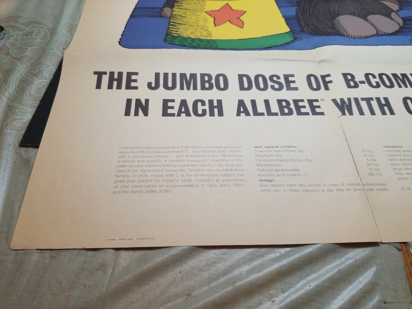 1966 peanuts Jumbo Elephant Poster Allbee Vitamin DR Doctor Office RX A H ROBINS