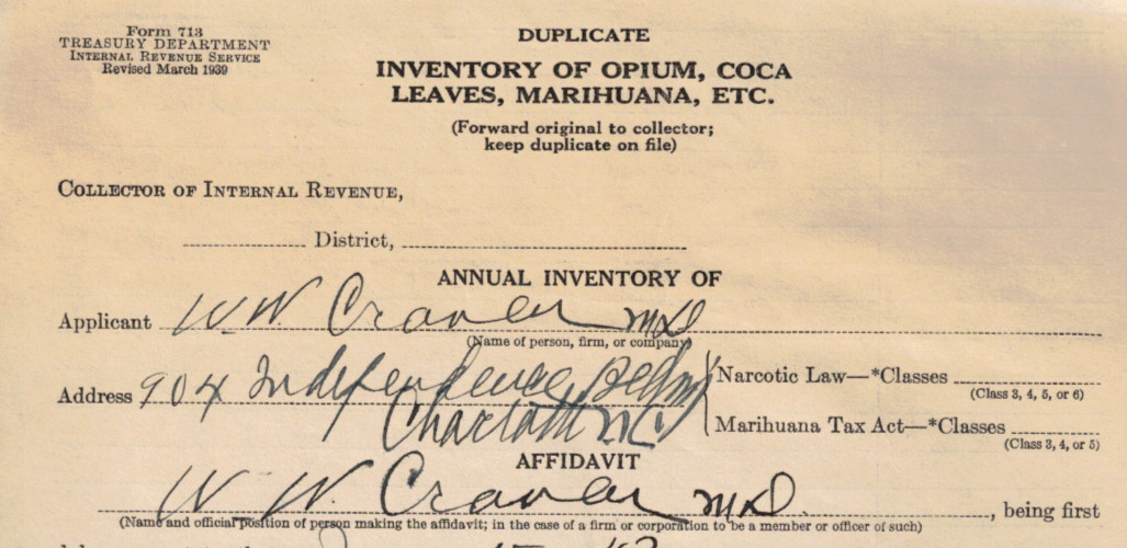 VINTAGE 1939 IRS FORM! INVENTORY OF OPIUM, COCA LEAVES, MARIHUANA, ETC/COMPLETED