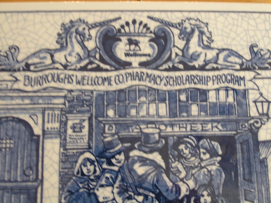 Vintage Blue Delfts Burroughs Wellcome Co Pharmacy Hanging Tile Scholarship 1992