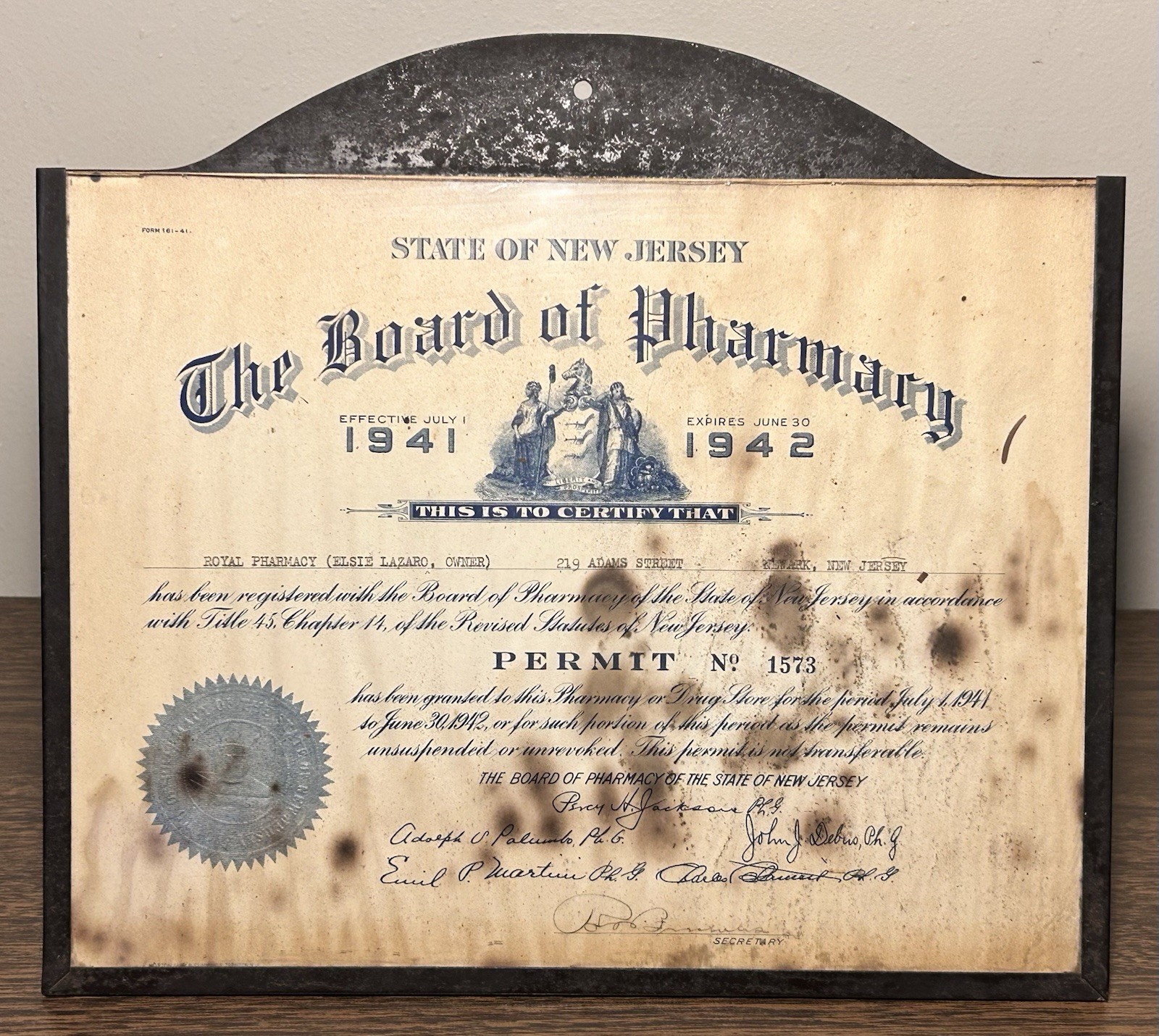 Antique 1941-42 New Jersey Registered Pharmacy Permit in Tin Metal Display Frame