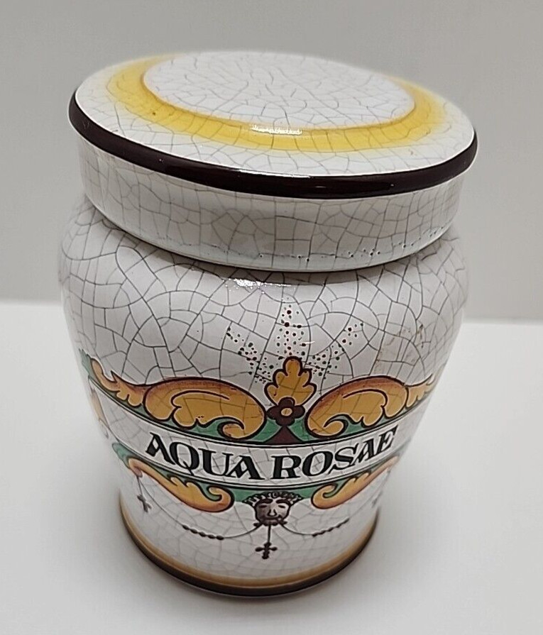 Aqua Rosae Apothecary Jar Western Germany Rose Water Lid Crackled Rare Vanity