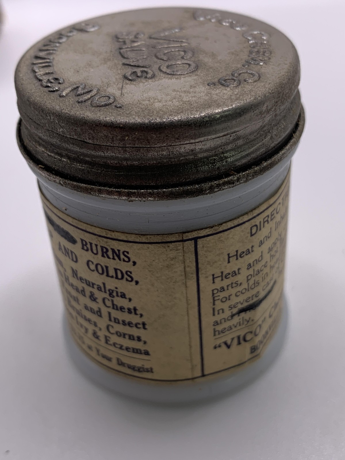 Vintage Vico Salve Ointment Jar Box And Insert Boonville MO USA Chem Co