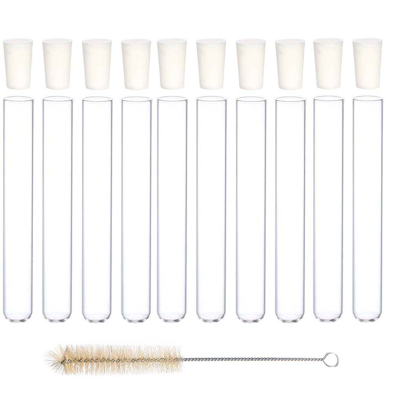 Glass Test Tubes with Rubber Stoppers 150mm x 20mm Pack of 10 and 1pcs Brush 