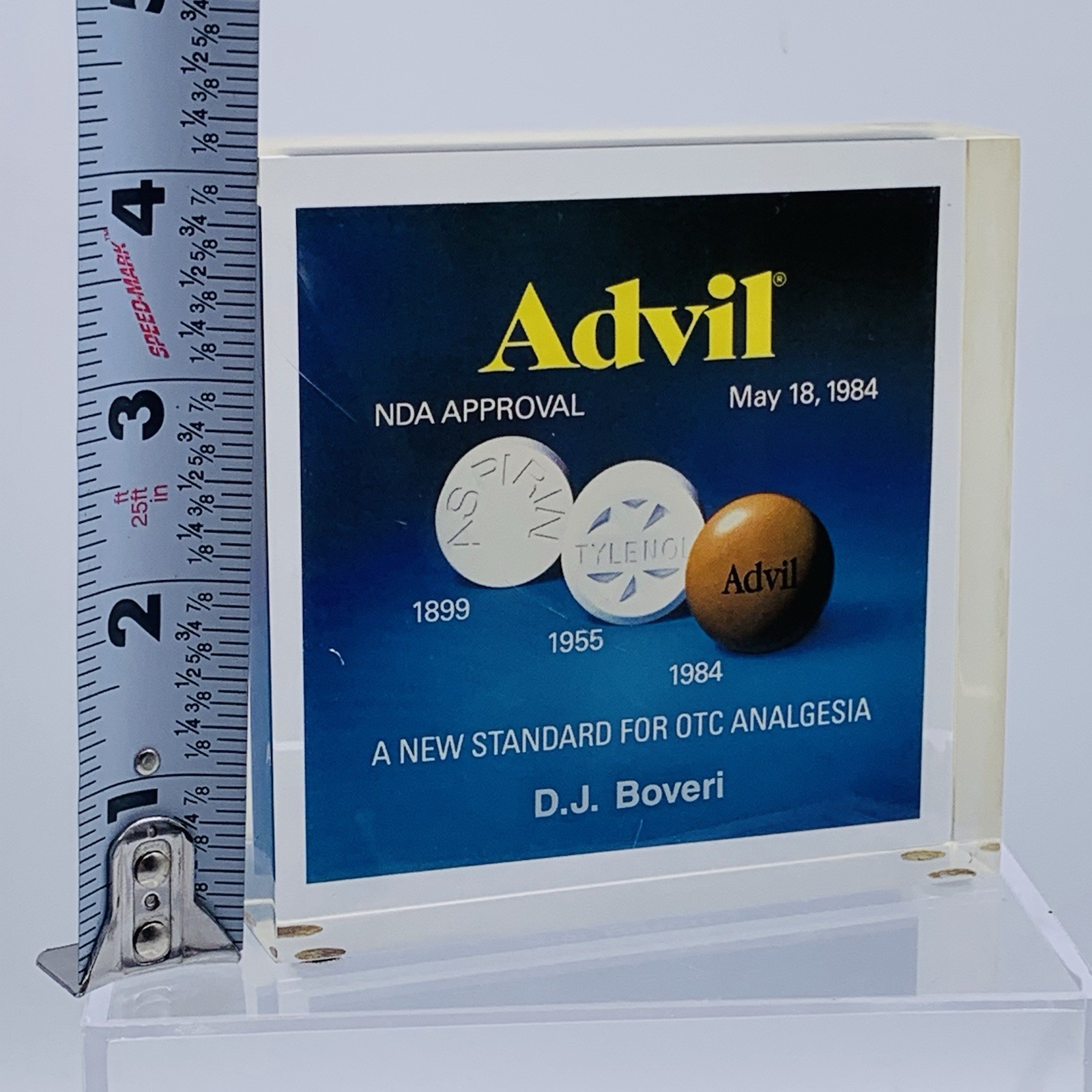 Vintage Advil commemorative acrylic desk plaque Paperweight 1984 Pharmaceutical
