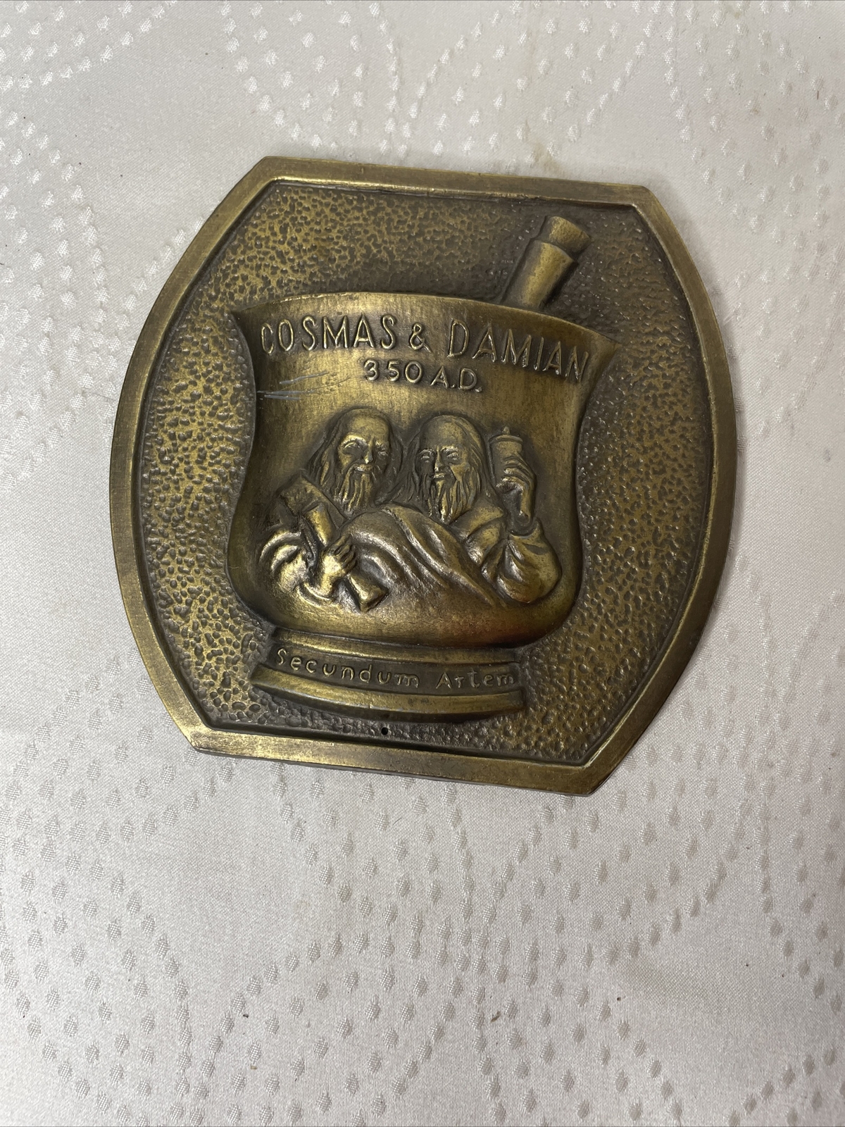 PHARMACEUTICAL PROMO 1980 Cosmas & Damian 350 AD Secundum Artem RX Brass Plaque