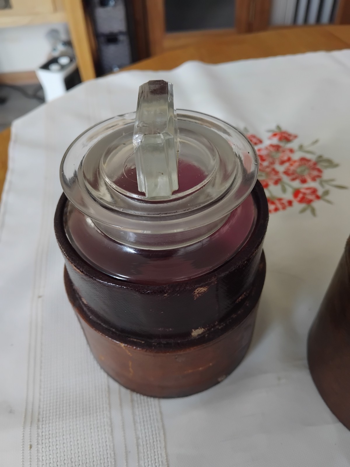 Antique Victorian Glass POMADE Jar in Original Leather Holder