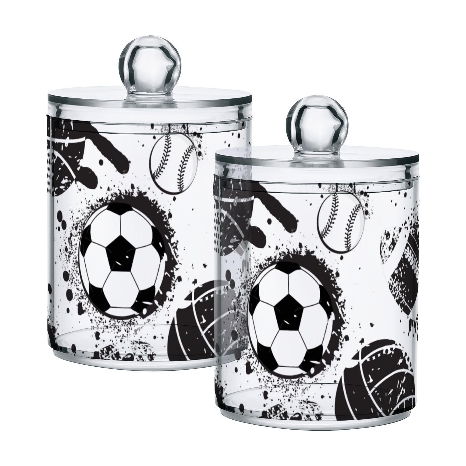 Football Soccer Themed Qtip Holder 2 Pack – 10 Oz Clear Plastic Apothecary Ja…