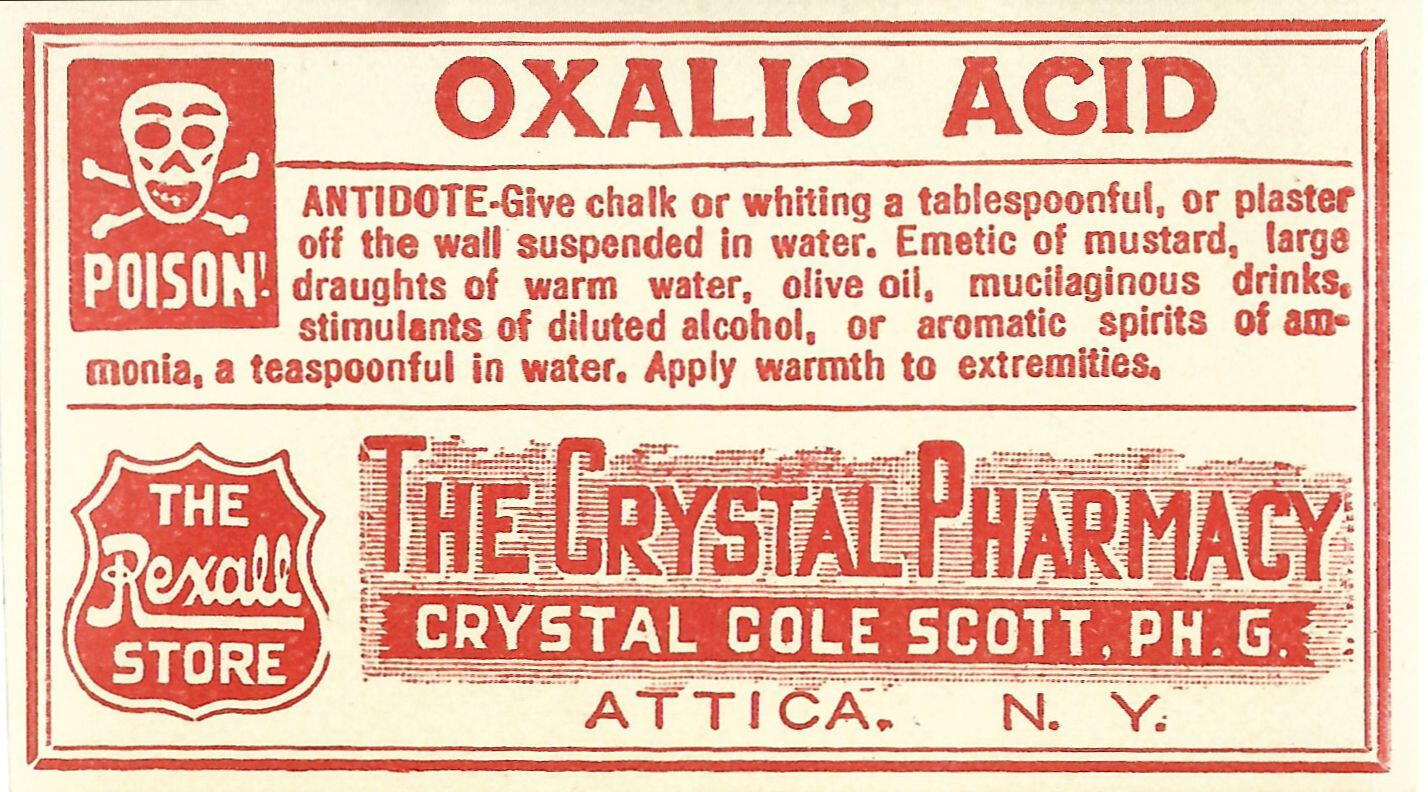 1 Vintage Pharmacy Label OXALIC ACID w/ Skull Bones CRYSTAL PHARMACY Attica N.Y.