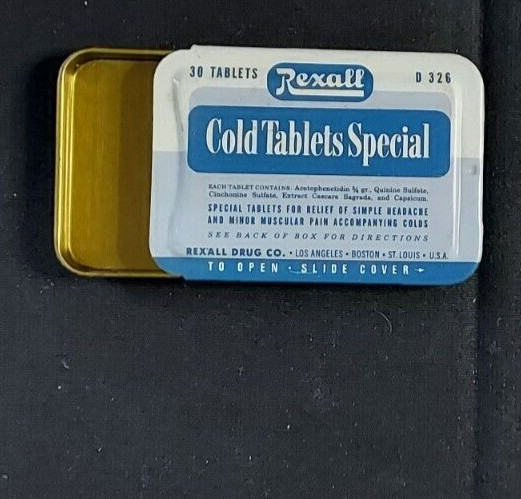 Old EMPTY Advertising Medicine Tin Rexall Cold Tablets Special Rexall Drug Co