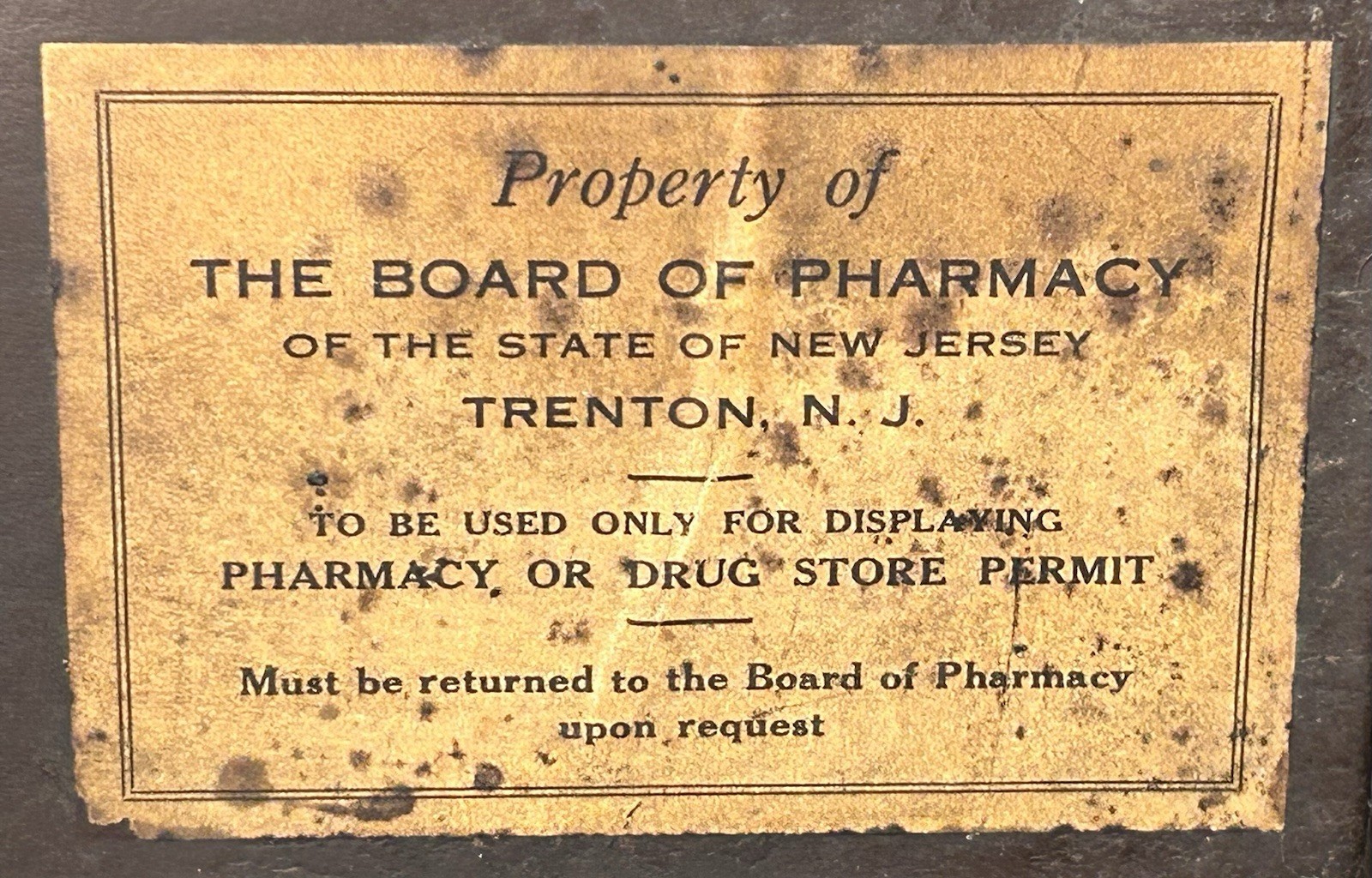 Antique 1941-42 New Jersey Registered Pharmacy Permit in Tin Metal Display Frame
