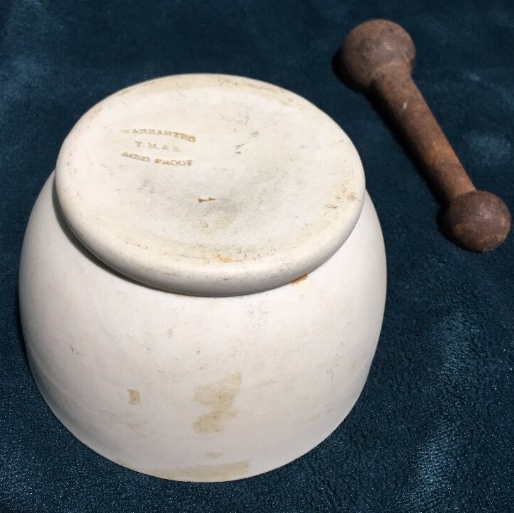 Antique Mortar Bowl & Iron Pestle Pharmacist Thomas Maddock Sons Acid Proof USA