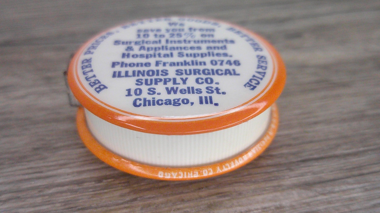 vtg. advertising celluloid tape measure Illinois Surgical supply prosthetics