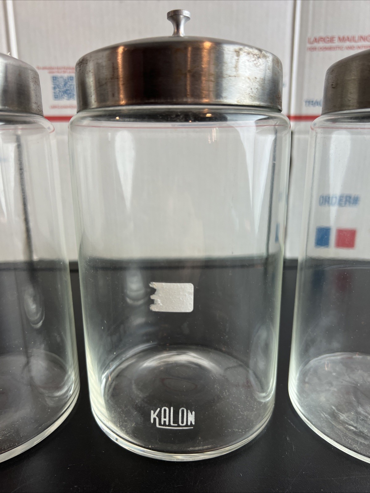Lot of 3 Vintage Kalon Medical Apothecary Jars w/Metal Lids 7.5″ Tall