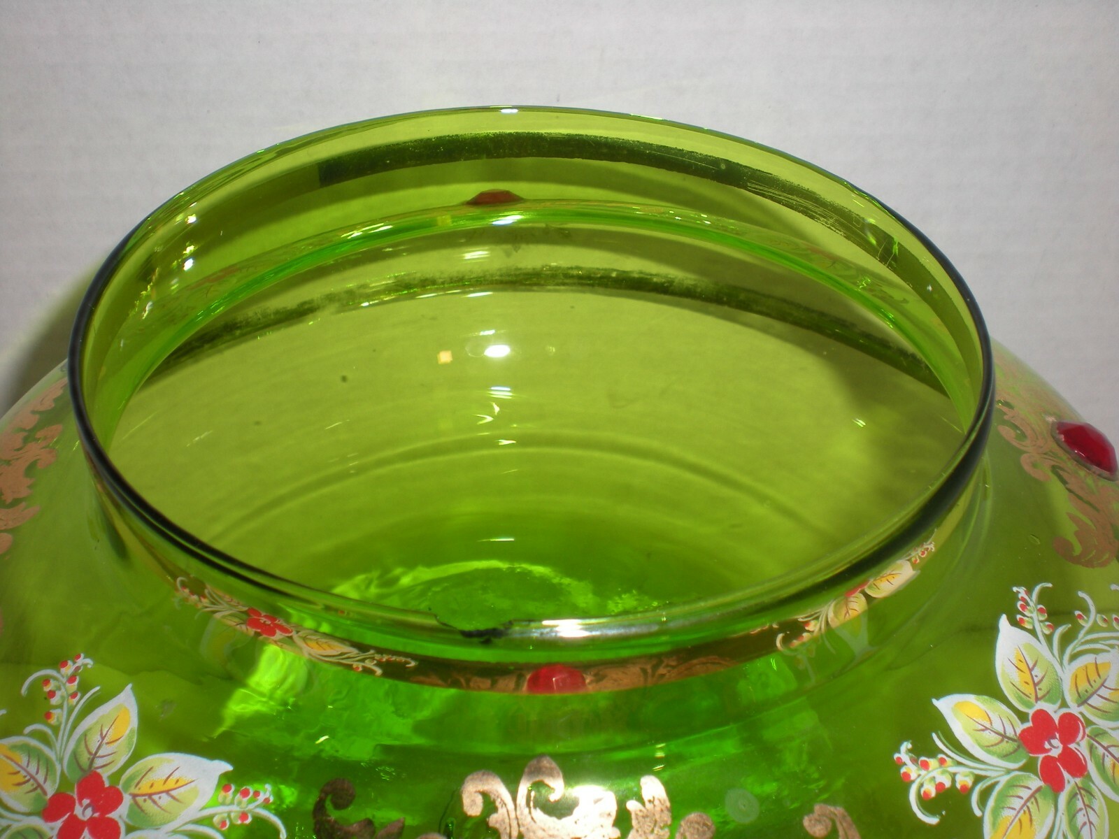 12″ Green Apothecary Jar Canister Circus Tent Lid Vtg Hand Blown Xmas Poinsettia