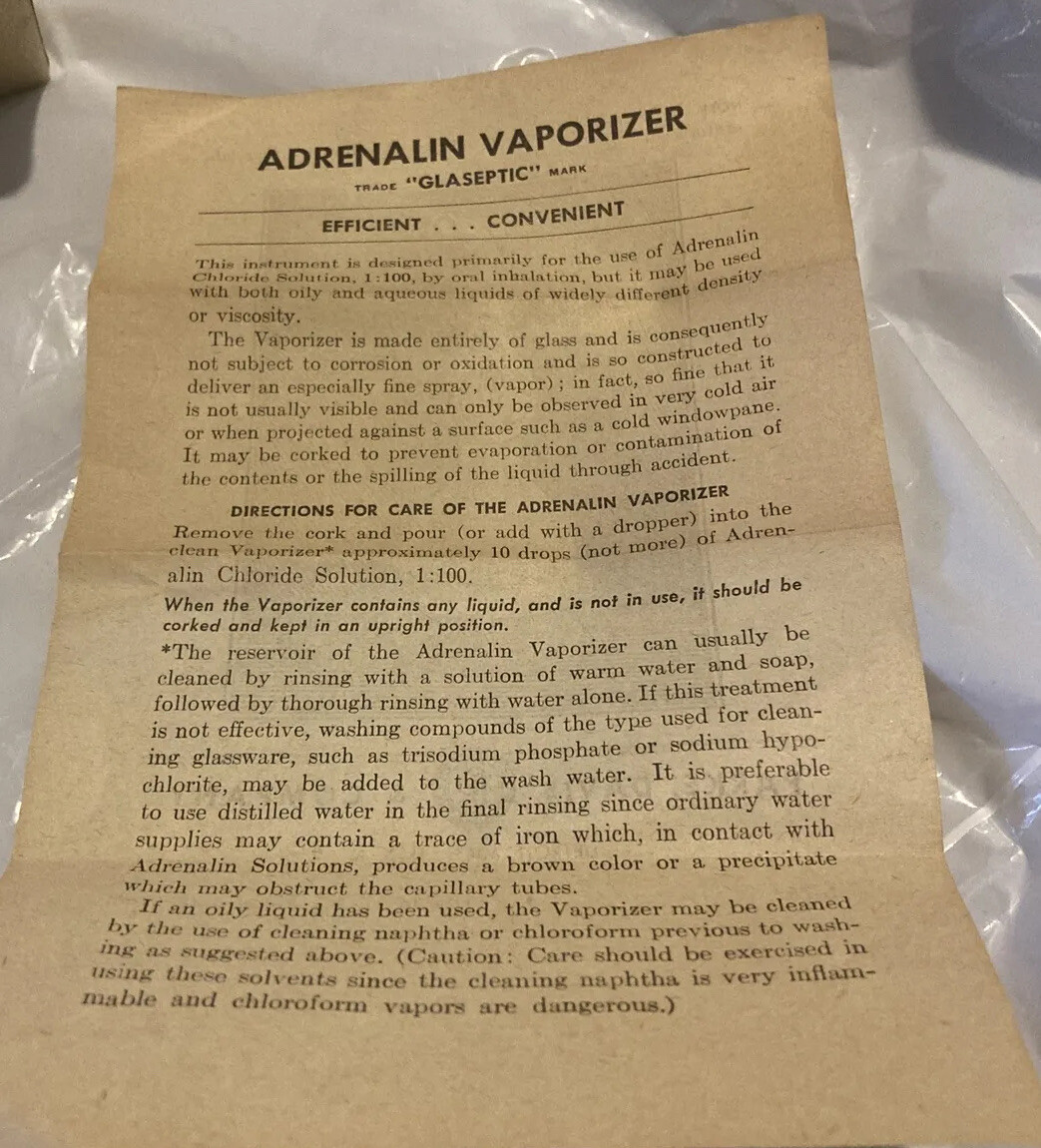 Vintage ‘50s Parke Davis GLASEPTIC ADRENALIN VAPORIZER With Box, Instructions