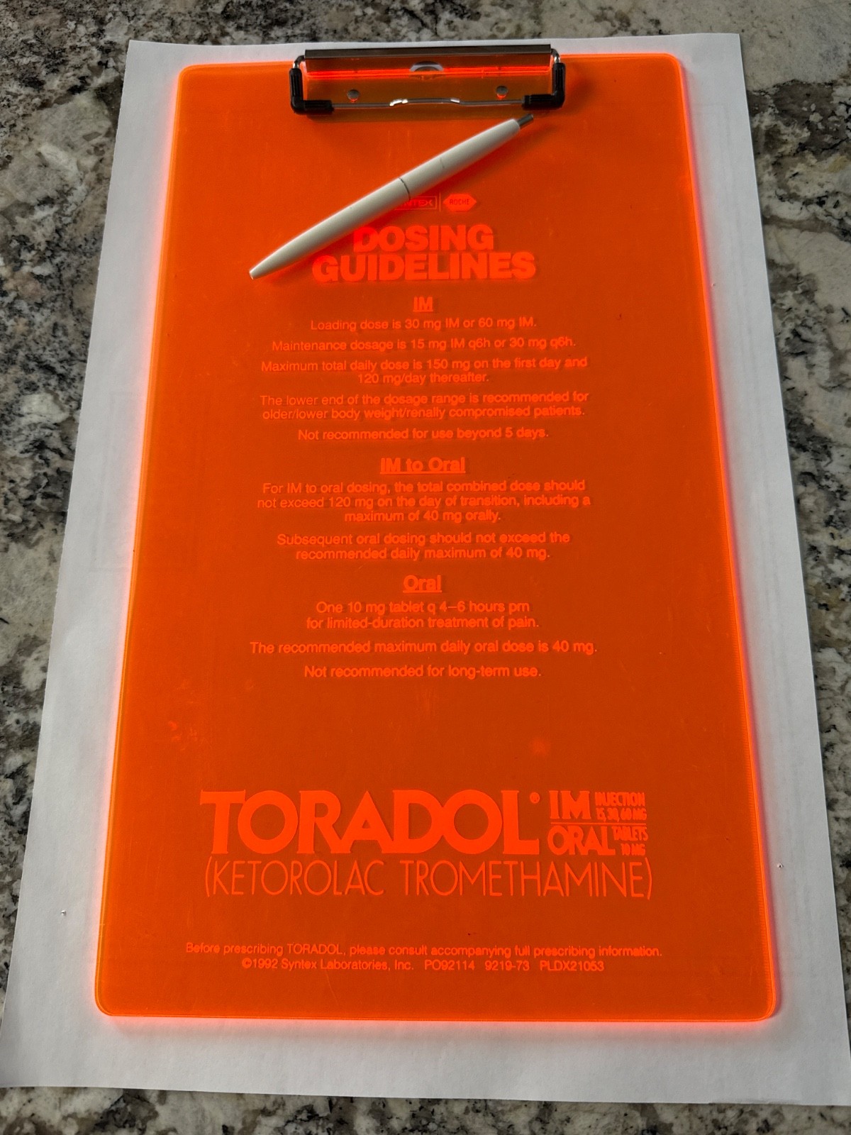 TORADOL Clipboard w/Bic Pen-Never Used-Pharmaceutical Drug Rep Promo Neon Orange