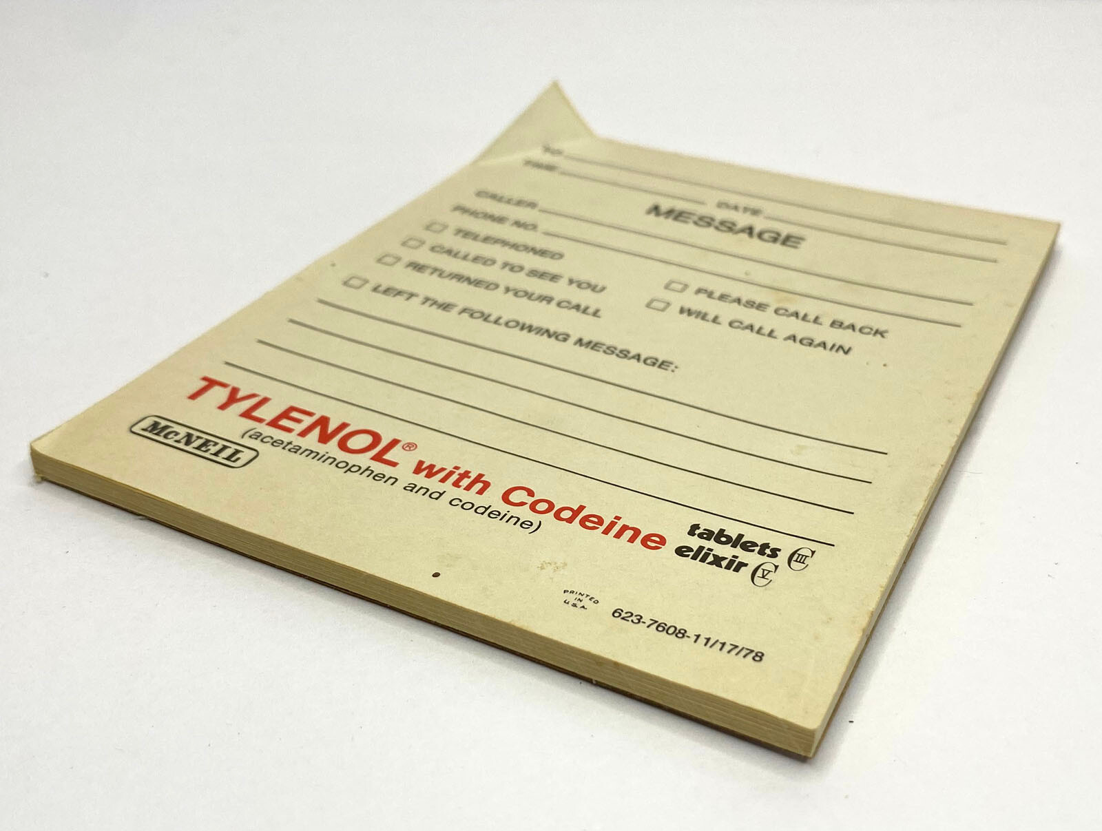 Vintage Pharmaceutical Tylenol Message Notepad 1978 McNeil Codeine