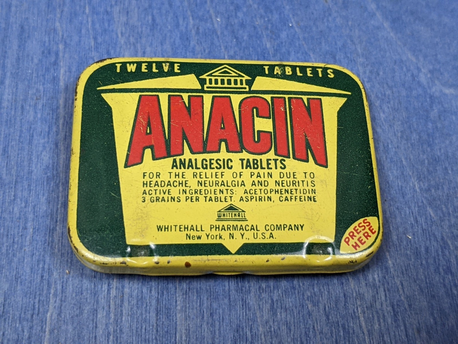 Vintage Metal Tin – Anacin Analgesic Tablets w/ Leaflet Whitehall Pharmacal NY