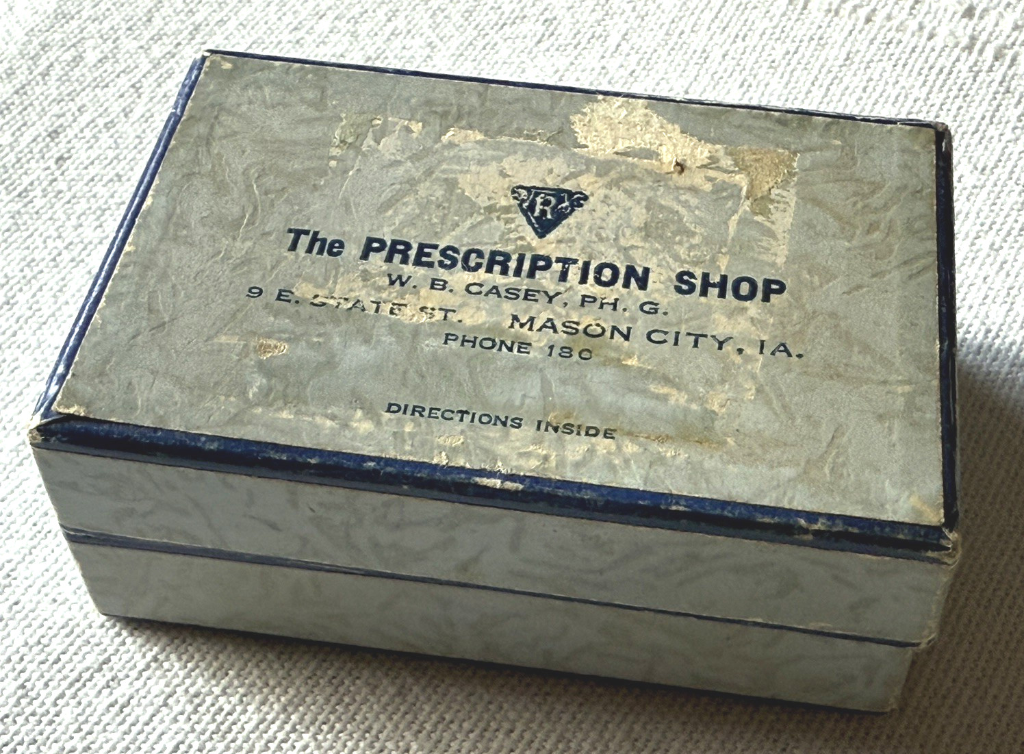 RX PRESCRIPTION CARDBOARD BOX, 1941. “The Prescription Shop” Mason City, Iowa.