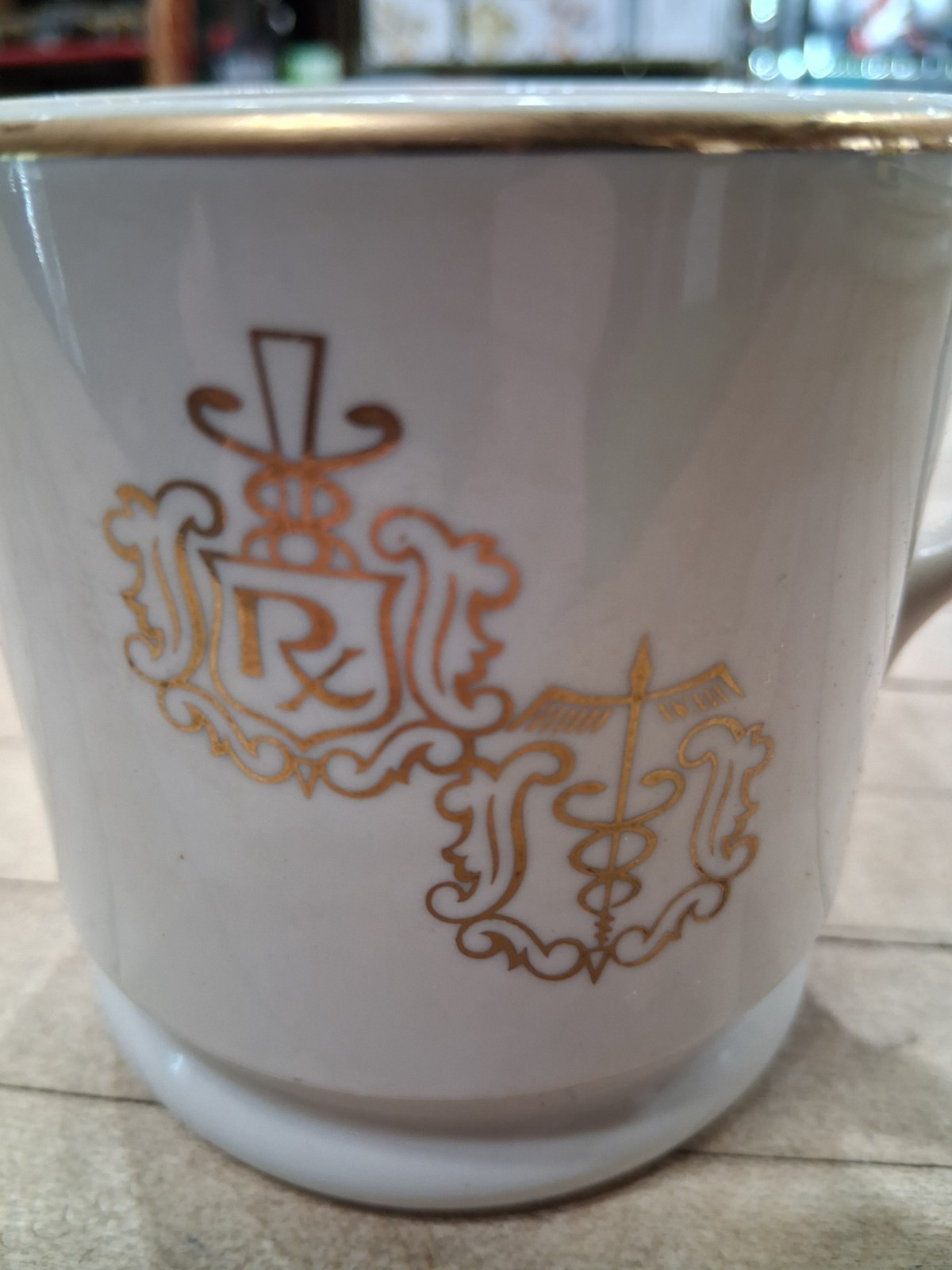 Pharmacy Apothecary Rx Coffee Cup Vintage Porcelain Mug Gold Trim