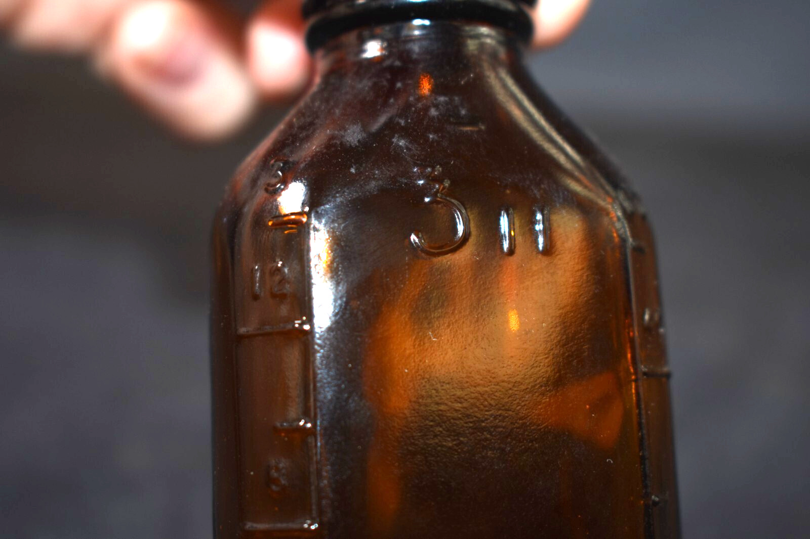 Vintage Medicine Bottle, Amber Glass, Sani-Glass with Black Lid, 4″ Tall
