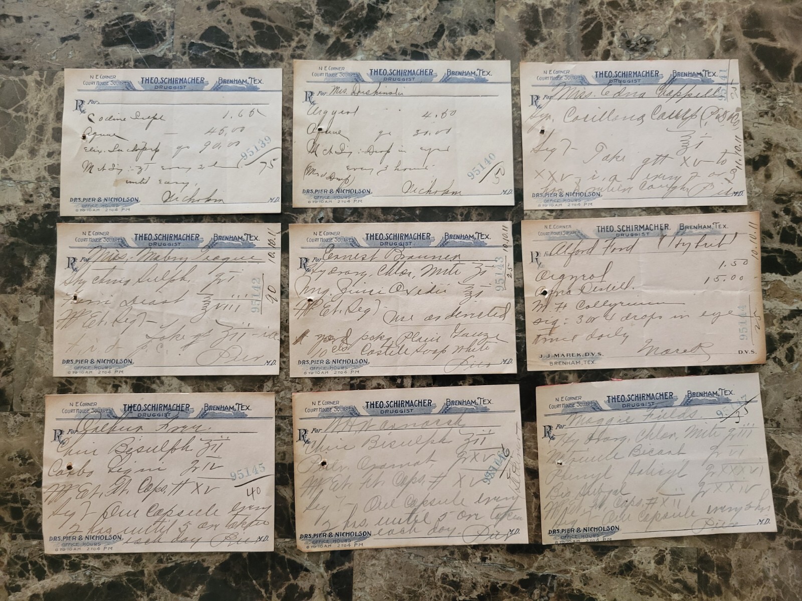 File box & 97 antique prescriptions (1911) – Dionin, Codeine, Infant Anodyne
