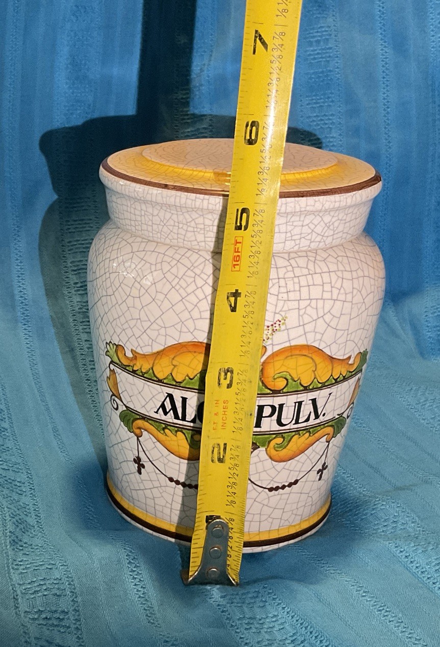 Aloe Pulv. Vintage Apothecary Jar Italian Latin Lid Crackled Rare Vanity Storage