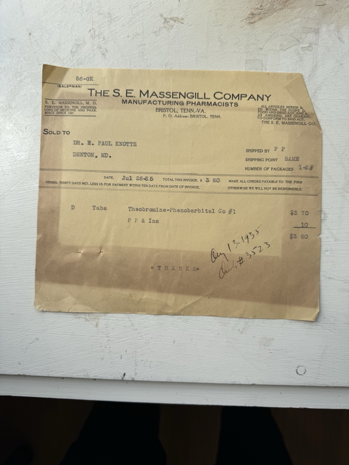 Vintage 1935 S E Massengill Pharmaceutical Invoice Bristol TN Phenobarbital Etc