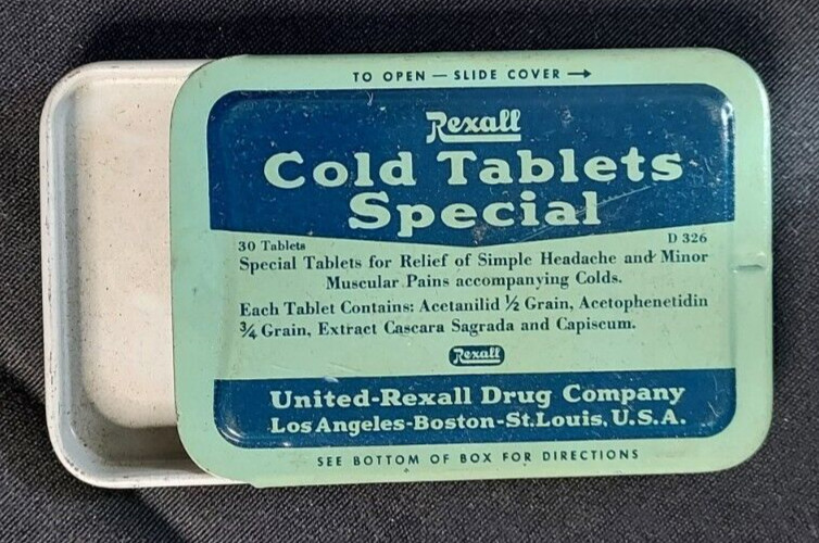 Old EMPTY Medicine Tin Rexall Cold Tablets Special United Rexall Drug Co Boston