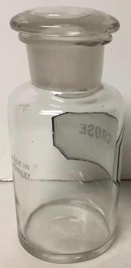 VTG APOTHECARY DRUGSTORE LABEL GLASS BOTTLE JAR GERMANY SUCROSE EIMER AMEND N.Y.