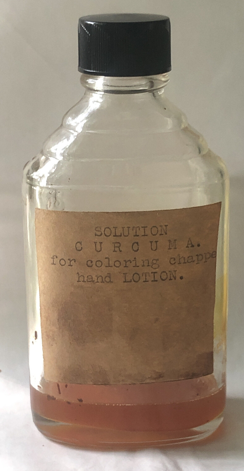 Vintage CLEAR GLASS Apothecary RX Medical Pharmacy Jar Bottle Curcuma Solution