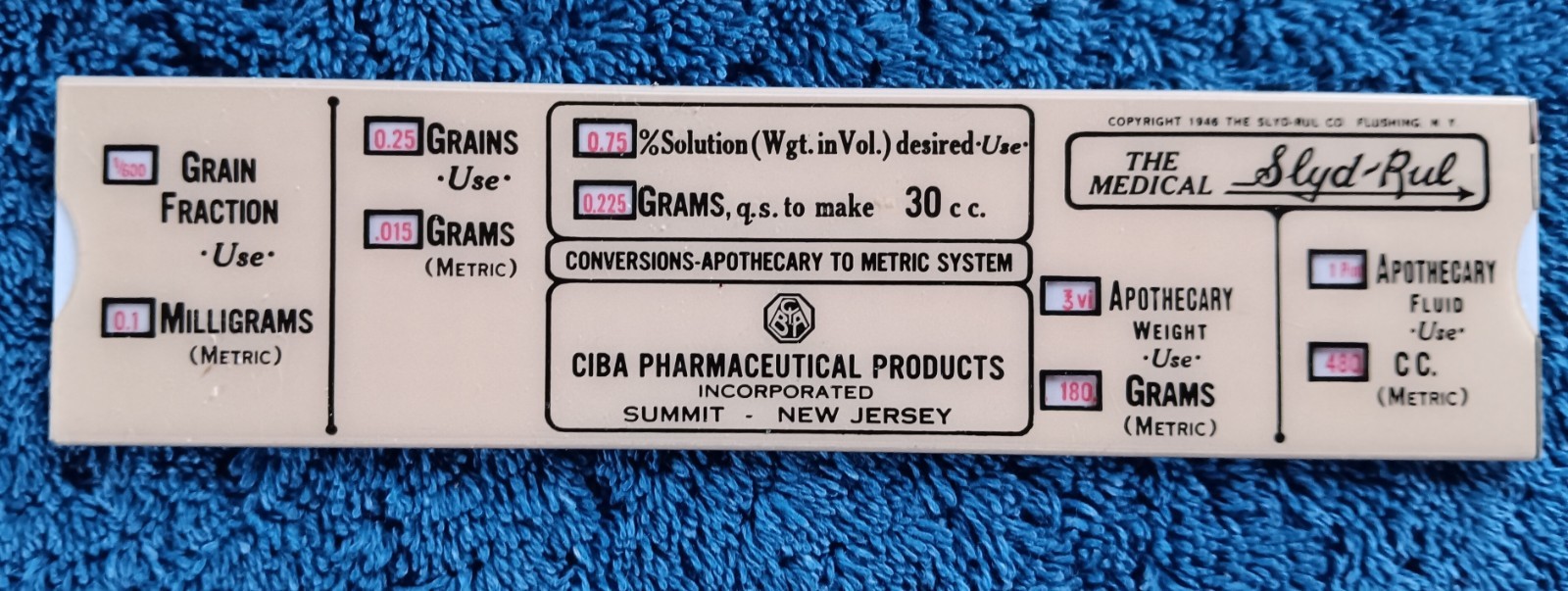 Vtg Ciba NJ Pharmaceutical Medical Slyd-Rul 1946 Conversion Apothecary – Metric