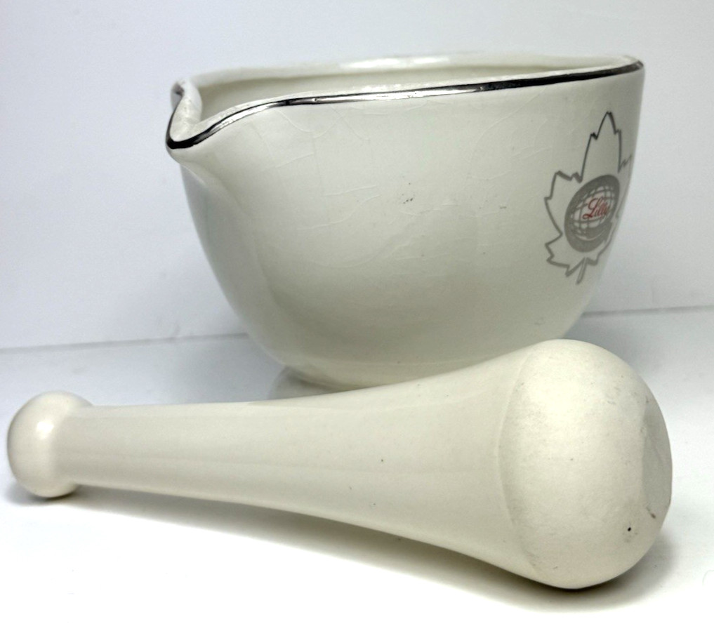 Vtg Eli Lilly Co. Ceramic Mortar & Pestle Cream Canada Collingwood Ont. Pharmacy