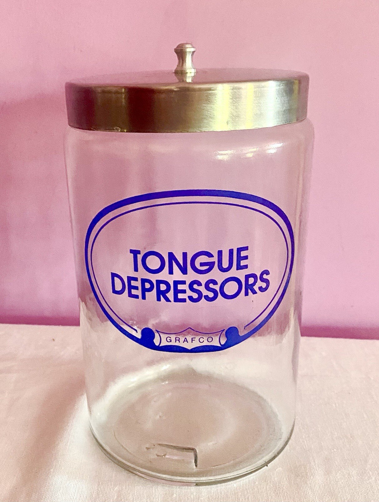 MCM GRAFCO BLUE Label MEDICAL Glass APOTHECARY TONGUE DEPRESSORS Canister EUC