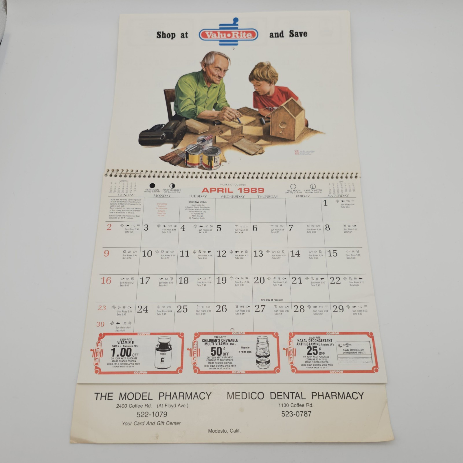 VTG 1989 Valu•Rite Calendar MODESTO, CA The Model Pharmacy Medico Dental COUPONS